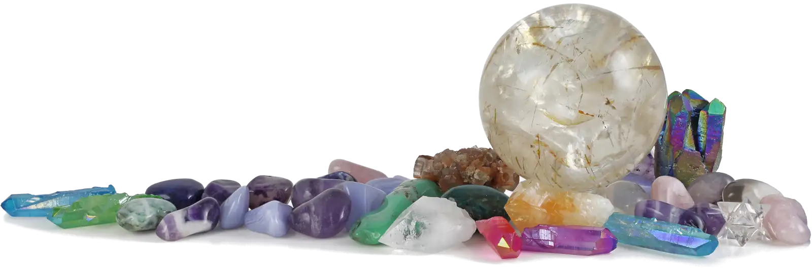 Selection of crystals and tumbled stones, including a large crystal ball